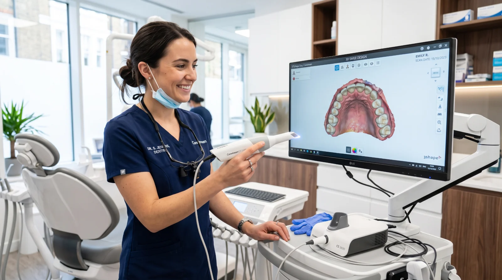 Dentista realizando escaneamento e planejamento digital do sorriso